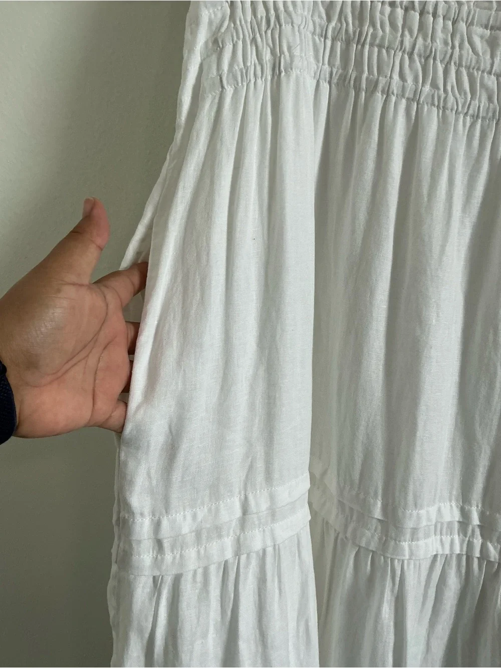 Quince White 100% Linen Smocked Tiered Midi Dress L Cottagecore Summer Boho - Picture 10 of 15